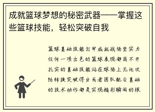 成就篮球梦想的秘密武器——掌握这些篮球技能，轻松突破自我