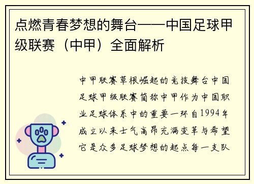 点燃青春梦想的舞台——中国足球甲级联赛（中甲）全面解析