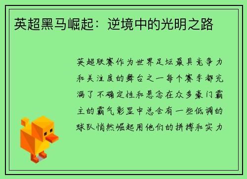 英超黑马崛起：逆境中的光明之路
