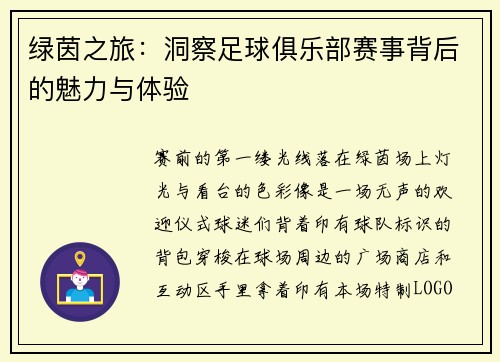 绿茵之旅：洞察足球俱乐部赛事背后的魅力与体验