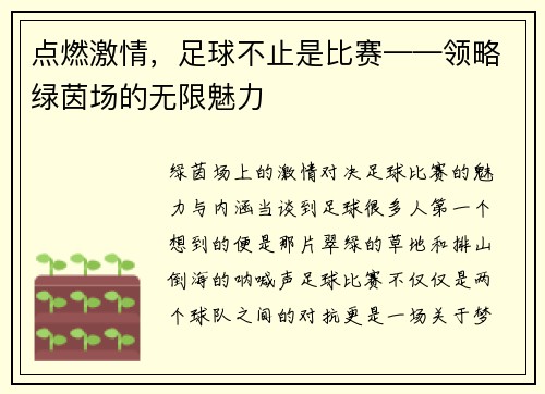 点燃激情，足球不止是比赛——领略绿茵场的无限魅力