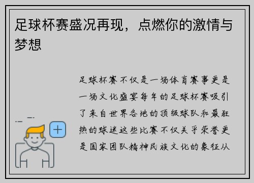 足球杯赛盛况再现,点燃你的激情与梦想