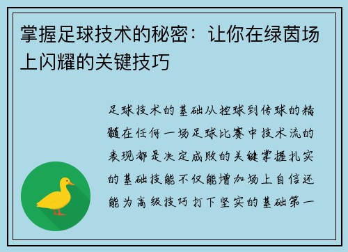 掌握足球技术的秘密：让你在绿茵场上闪耀的关键技巧